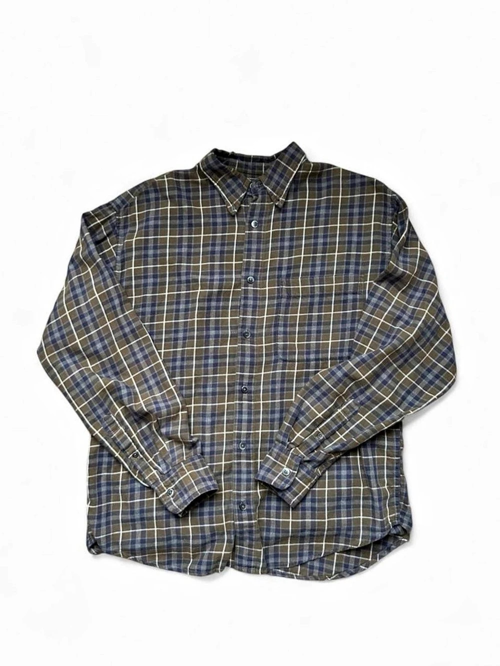 Vintage Gap Men's Plaid Button Down Shirt in Brown & Blue Small